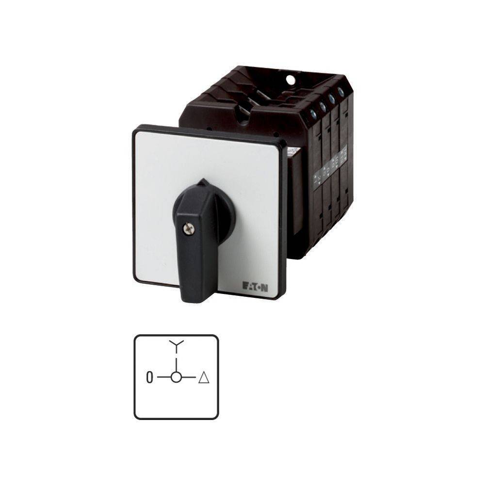 Rotary-Schalter mit drei Schaltpositionen, beschriftet mit 0, Y und Delta. Schwarzer Griff auf weißer Tafel, hergestellt von Eaton.