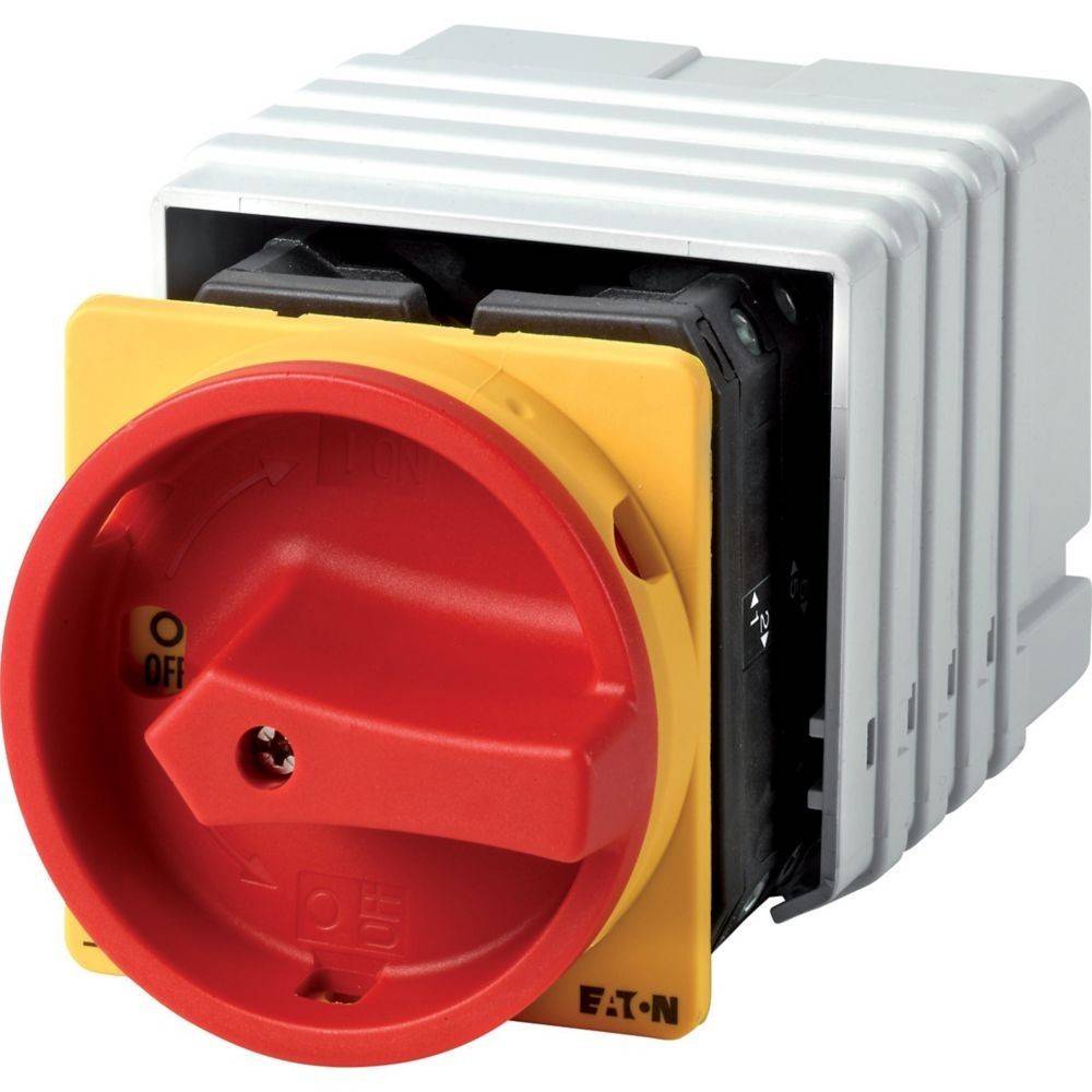 Ein rot-gelber Drehschalter mit 'EIN' und 'AUS' Positionen, der zum Steuern elektrischer Schaltkreise verwendet wird. Die Marke 'Eaton' ist sichtbar.