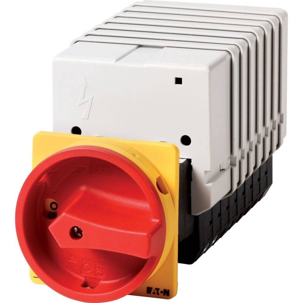 Roter und gelber Drehschalter in Aus-Position, montiert auf einer schwarzen und weißen elektrischen Komponente. Blitzsymbol oben.