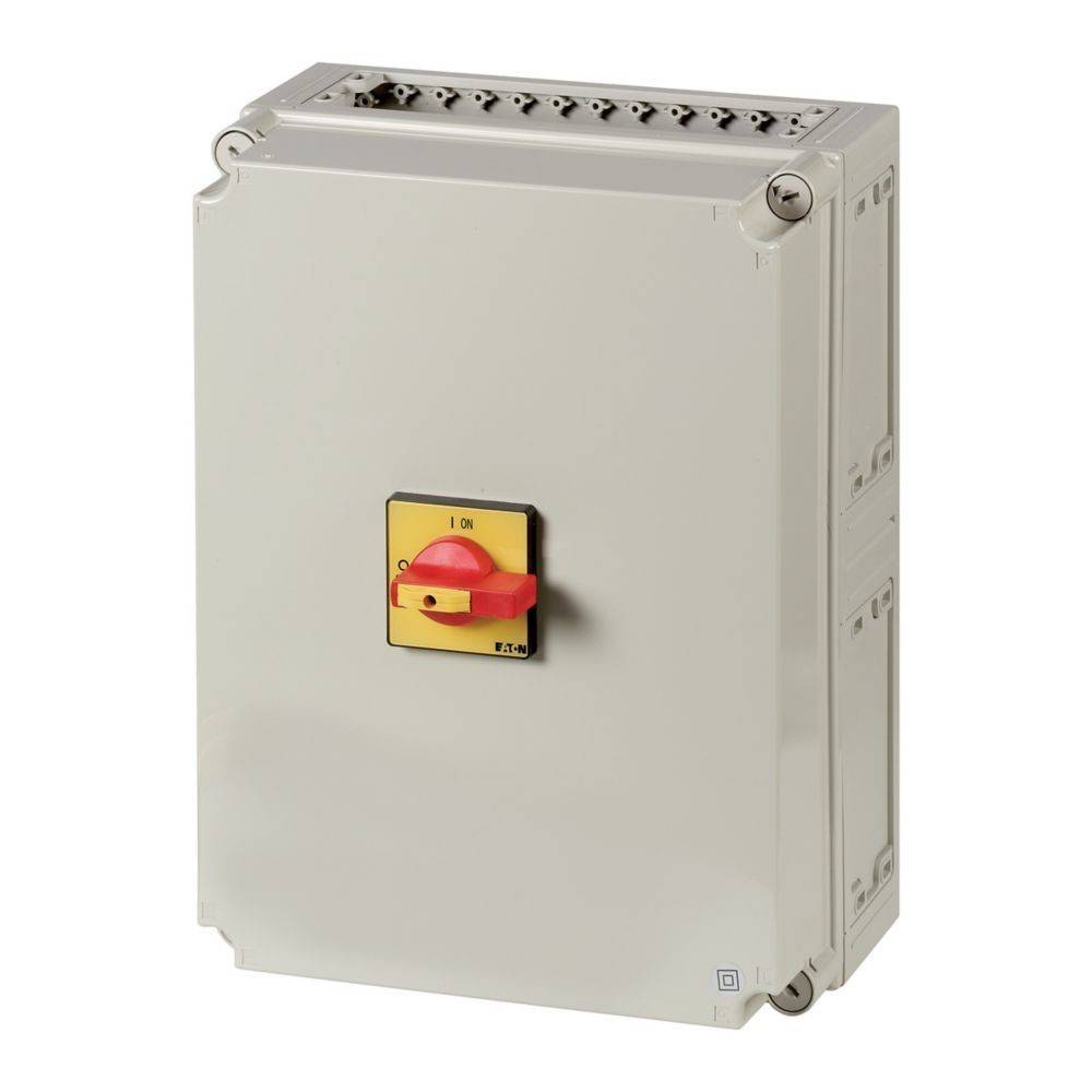 Elektrische Schaltbox mit einer gelben Frontplatte, die einen roten Drehschalter mit der Beschriftung 