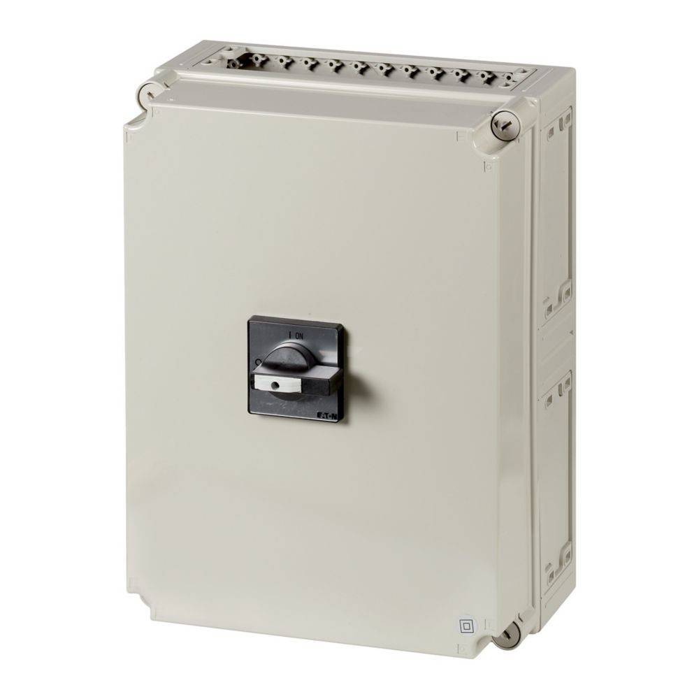 Ein elektrisches Gehäuse mit einem schwarzen Drehschalter an der Vorderseite, das zur Unterbringung und zum Schutz von Sicherungsautomaten und anderen Komponenten konzipiert ist.