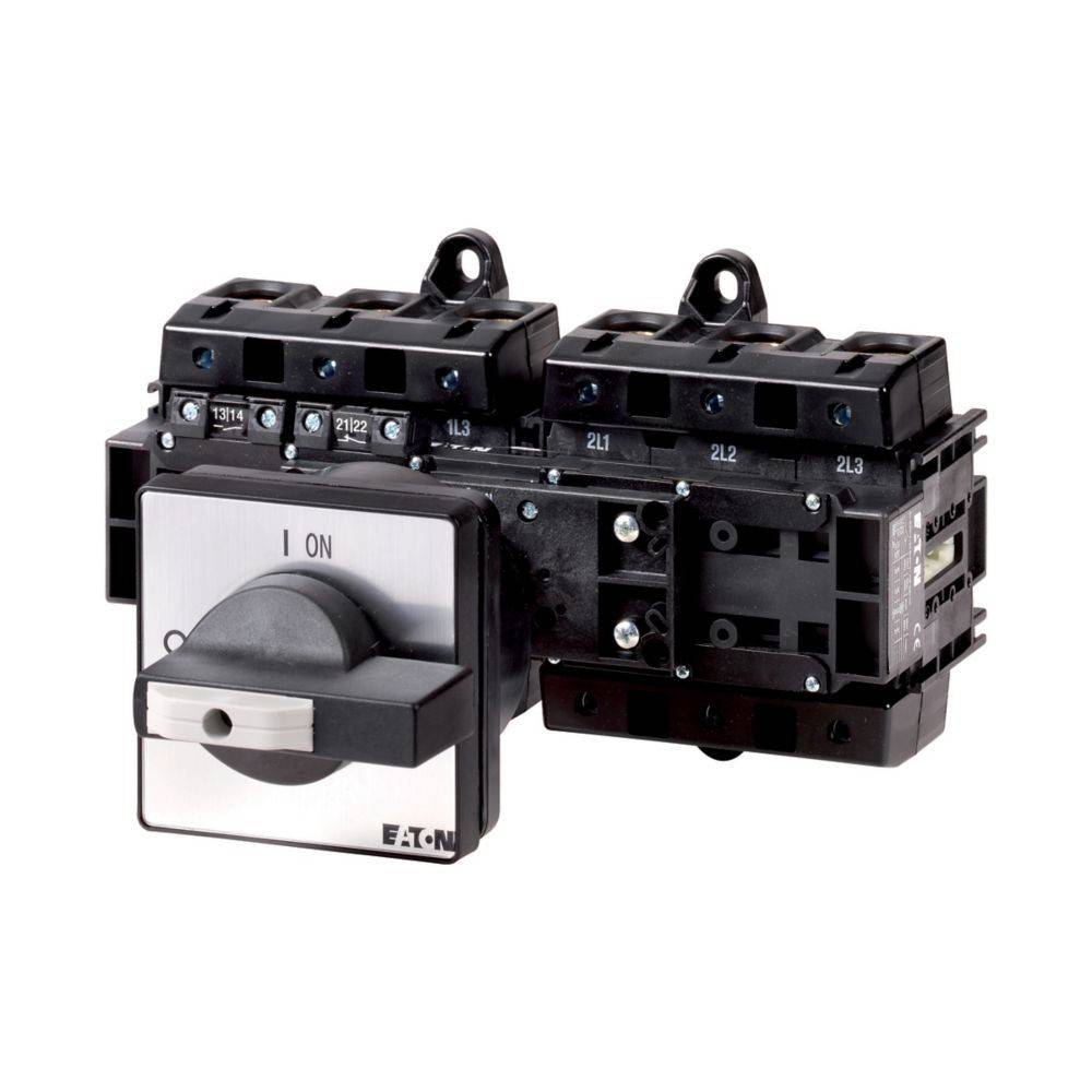 Ein Drehschalter mit einem Griff, der auf ‚I EIN' gestellt ist, der zur Steuerung elektrischer Schaltkreise verwendet wird. Der Schalter verfügt über drei schwarze Klemmen, die mit 2L1, 2L2 und 2L3 beschriftet sind.