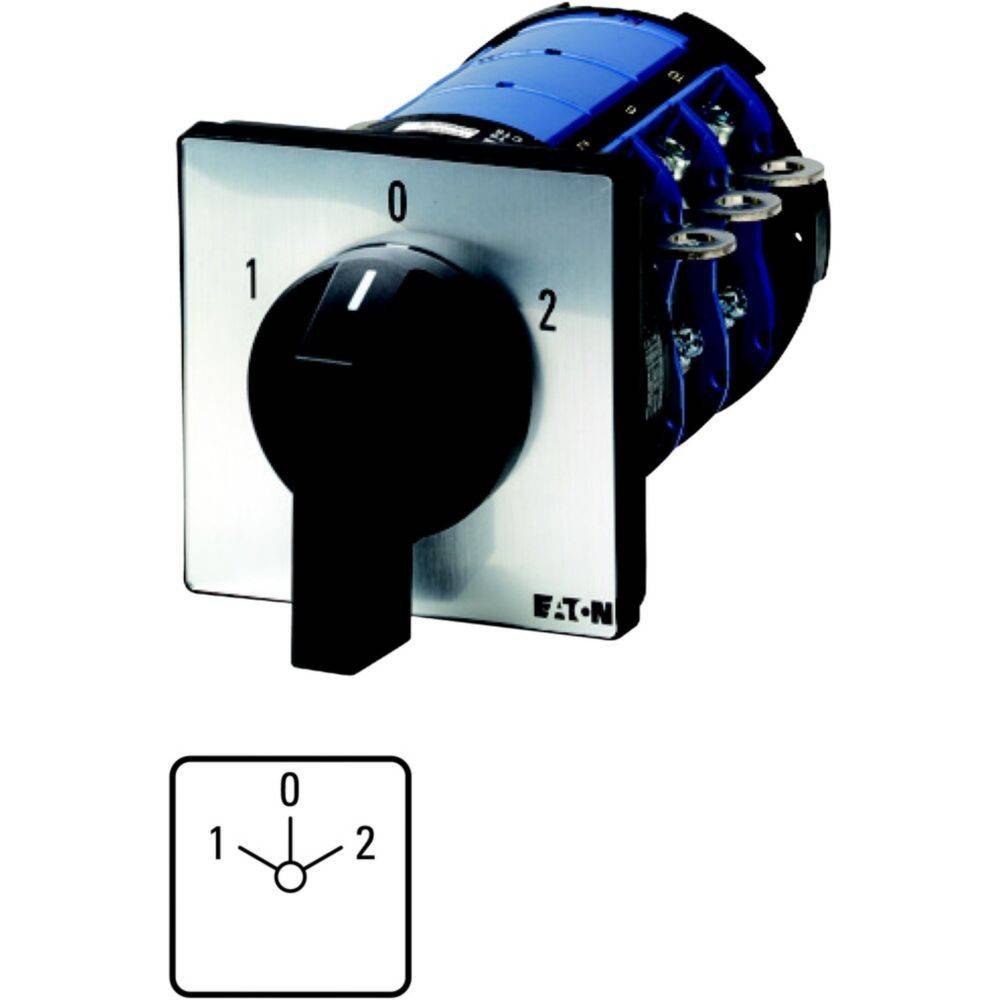 Elektrischer Schalter mit Drehknopf, Einstellungen beschriftet mit 0, 1 und 2. Marke Eaton, in Schwarz und Silber dargestellt. Diagramm unten entspricht den Einstellungen.