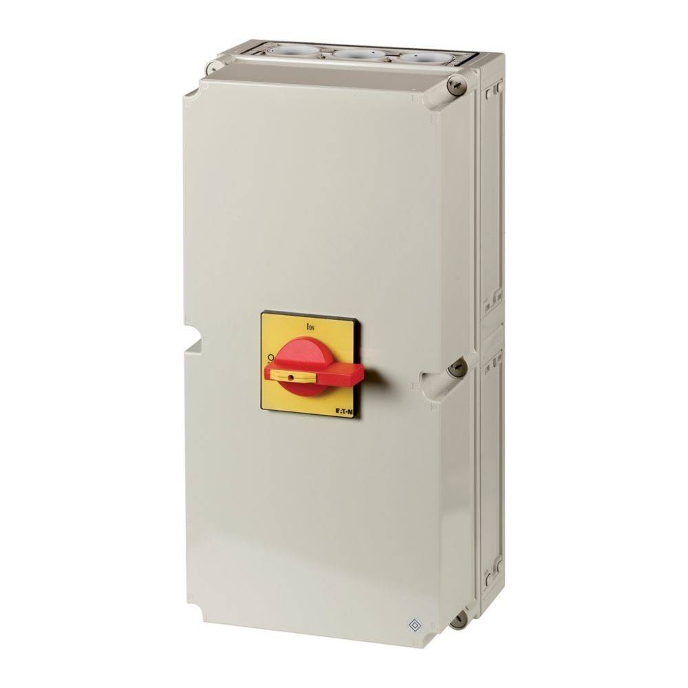 Eine weiße industrielle elektrische Schaltbox mit einem roten und gelben Kontrollhebel in der Aus-Position. An einer Wand montiert für Gerätesicherheit.