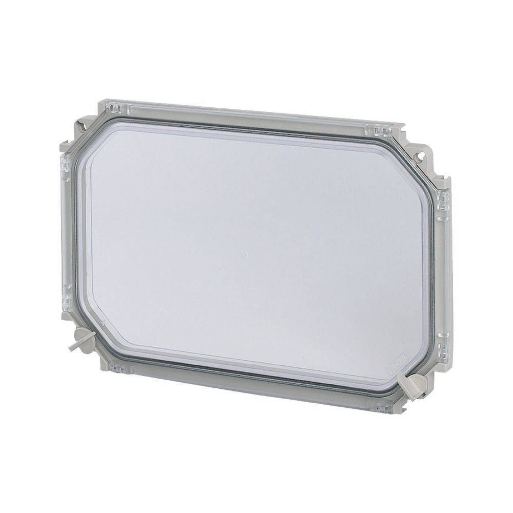 Ein rechteckiger, transparenter Deckel mit grauem Rahmen, ausgestattet mit einer Dichtung zum Abdichten, geeignet zum Schutz von elektronischen oder mechanischen Komponenten.