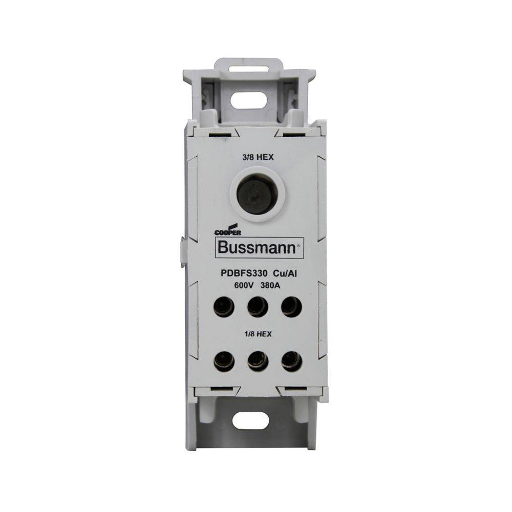 Ein weißer Bussmann-Reihenklemmenblock Modell PDBFS330 Cu/Al, bewertet mit 600V, 380A, mit mehreren Anschlusspunkten und sechskantigen Befestigungen.