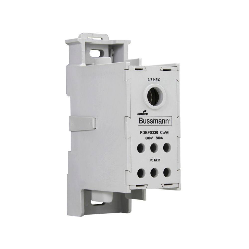 Ein weißer Bussmann Stromverteilungsblock mit Modellnummer PDBFS330, ausgelegt für 600V und 330A, der seine Seitenansicht und Anschlusspunkte zeigt.