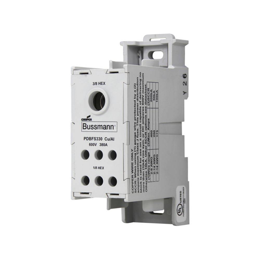 Bussmann-Stromverteilungsblock, Modell PDBF5330, 600V, 380A. Weiß, mit mehreren Anschlussports und gekennzeichneten technischen Spezifikationen.