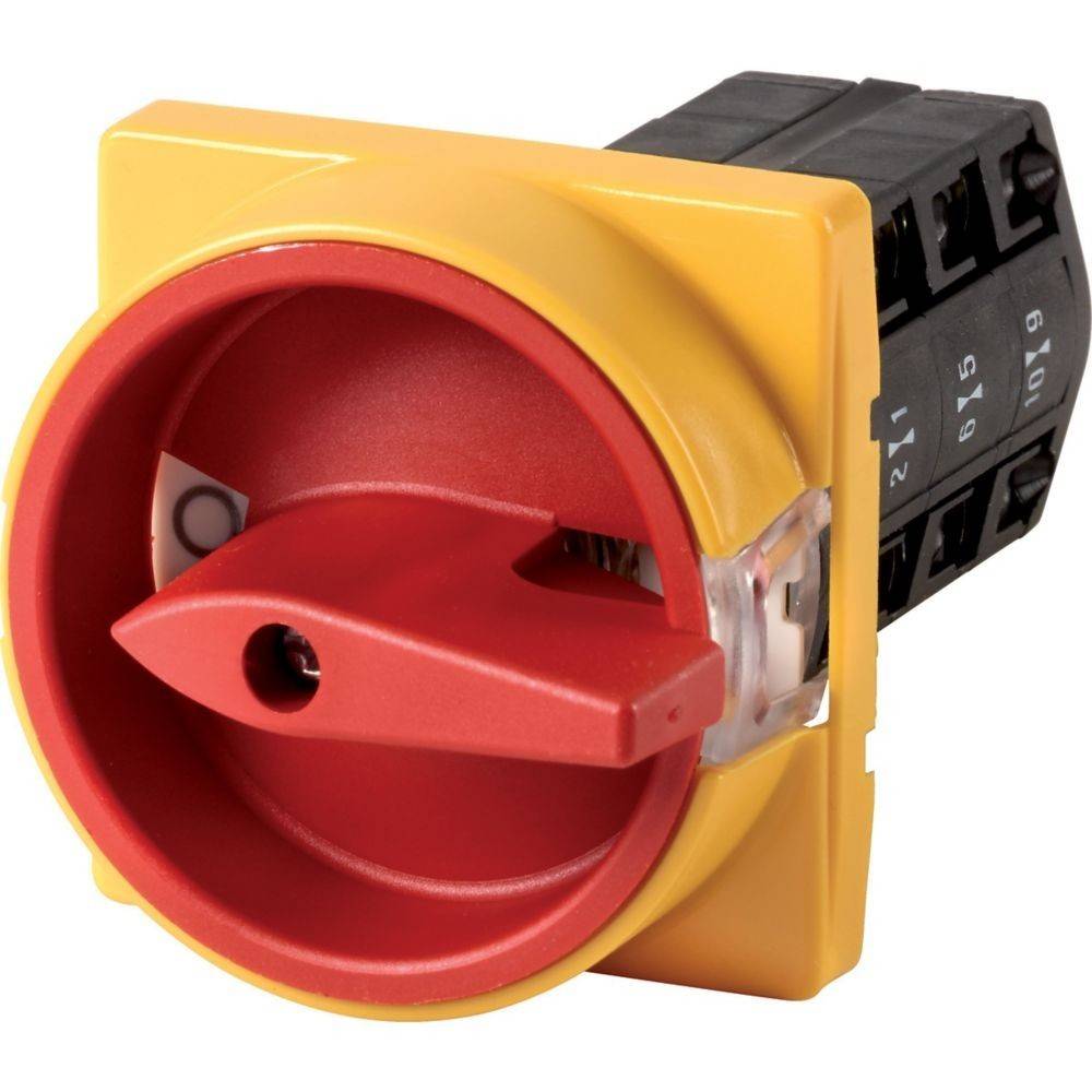 Ein gelber und roter Rotations-Sicherheitsschalter mit schwarzer Basis, der für industrielle Anwendungen zur Steuerung elektrischer Schaltkreise konzipiert ist.