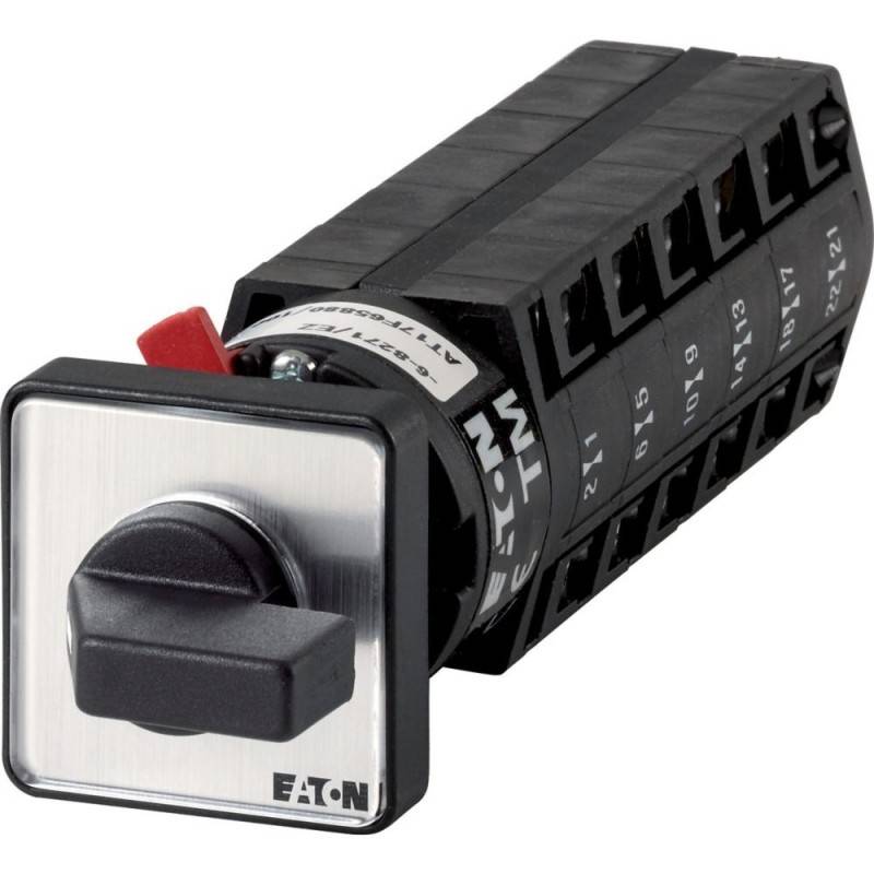 Drehschalter von 'Eaton' mit schwarzem Drehknopf und beschrifteten Positionen, verwendet zur Steuerung elektrischer Schaltkreise. Eine Reihe von nummerierten Positionen ist sichtbar.
