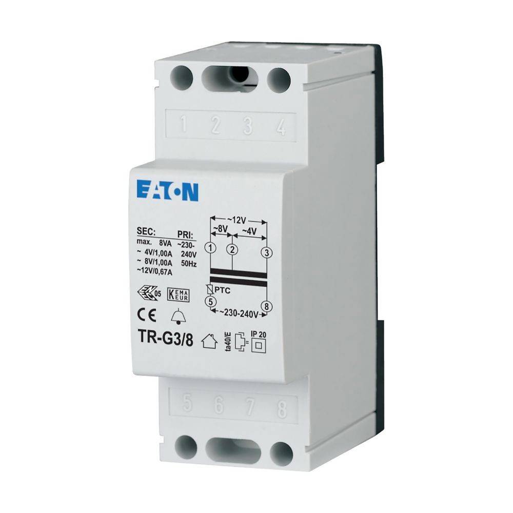 Ein Eaton TR-G3/8 elektrischer Transformator mit beschrifteten Ein- und Ausgängen, der dazu fähig ist, 230-240V AC in mehrere Niederspannungsausgänge umzuwandeln.