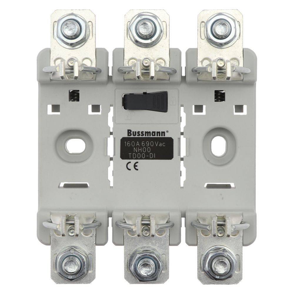 Ein Bussmann 160A 690Vac NH00 Sicherungshalter mit sechs Schlitzen, entwickelt für sichere elektrische Verbindungen in Sicherungstafeln.