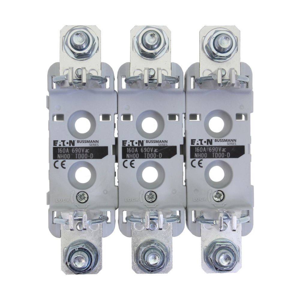 NH00-Sicherungshalter von EATON BUSSMANN für 160A, 690V, TD00-D. Silberfarbene metallische Befestigungsteile mit Befestigungsschrauben.