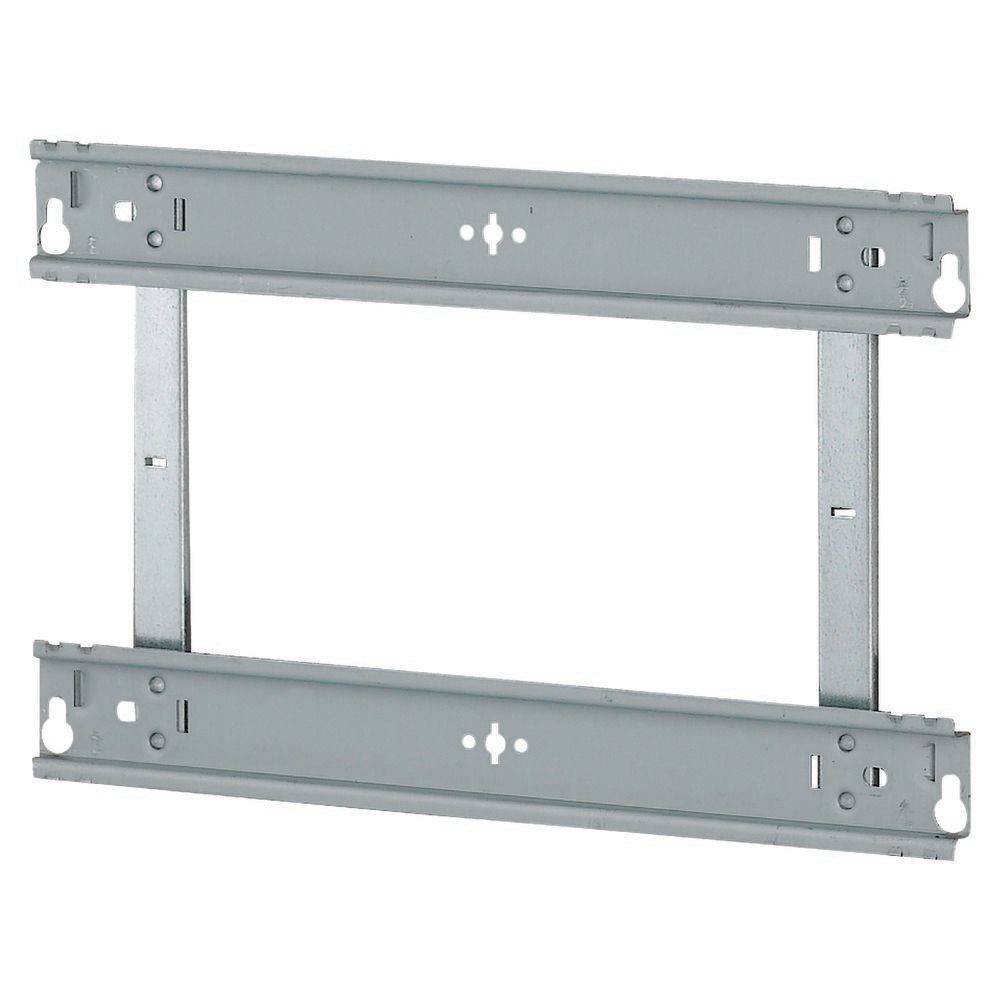 Ein silberner Metallhalter mit Löchern zur Befestigung. Rechteckige Form mit zwei horizontalen Streben, die durch zwei vertikale Streben verbunden sind.