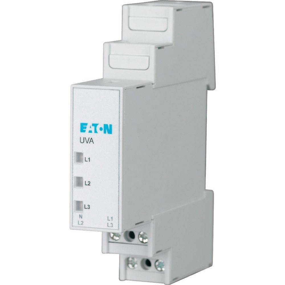 Ein weißer Eaton UVA-Spannungsüberwachungsrelais für Dreiphasensysteme, mit beschrifteten Anschlüssen für L1, L2, L3 und N, die am Gerät sichtbar sind.