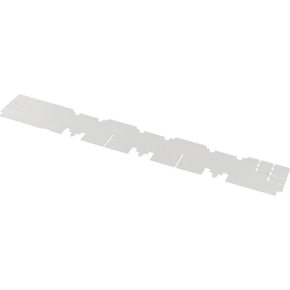 Eine lange, flache weiße Ausschnittvorlage mit Laschen und Schlitzen zur Montage, möglicherweise Teil einer Produktverpackung oder einer strukturellen Komponente.