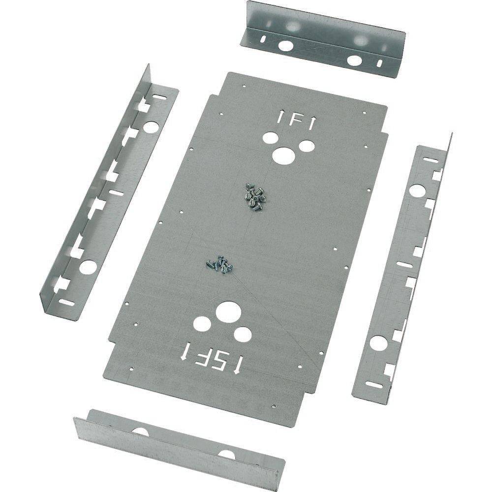 Metallmontageplatine mit mehreren Löchern und zugehörigen Halterungen, die um sie herum angeordnet sind und zur Befestigung elektrischer Komponenten dient.