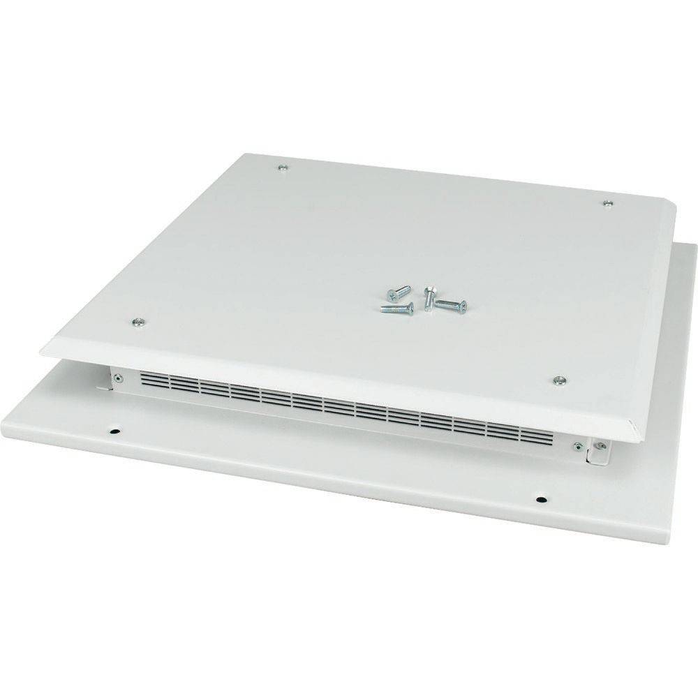 Weiße Metallbelüftungsabdeckung mit sechs Schrauben und Lüftungsschlitzen an einer Seite, auf einer flachen Oberfläche platziert.
