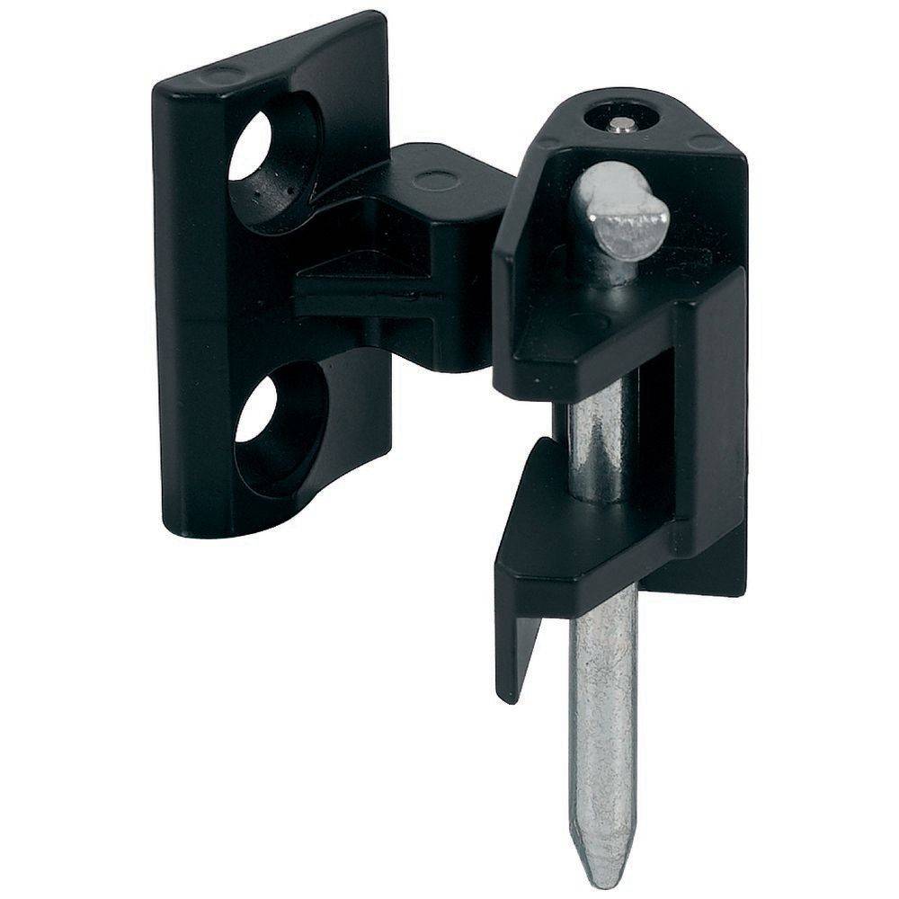 Eine schwarze Torverschlussvorrichtung mit einem Metallstift, entwickelt zum Sichern von Toren oder Zäunen, vor einem weißen Hintergrund.