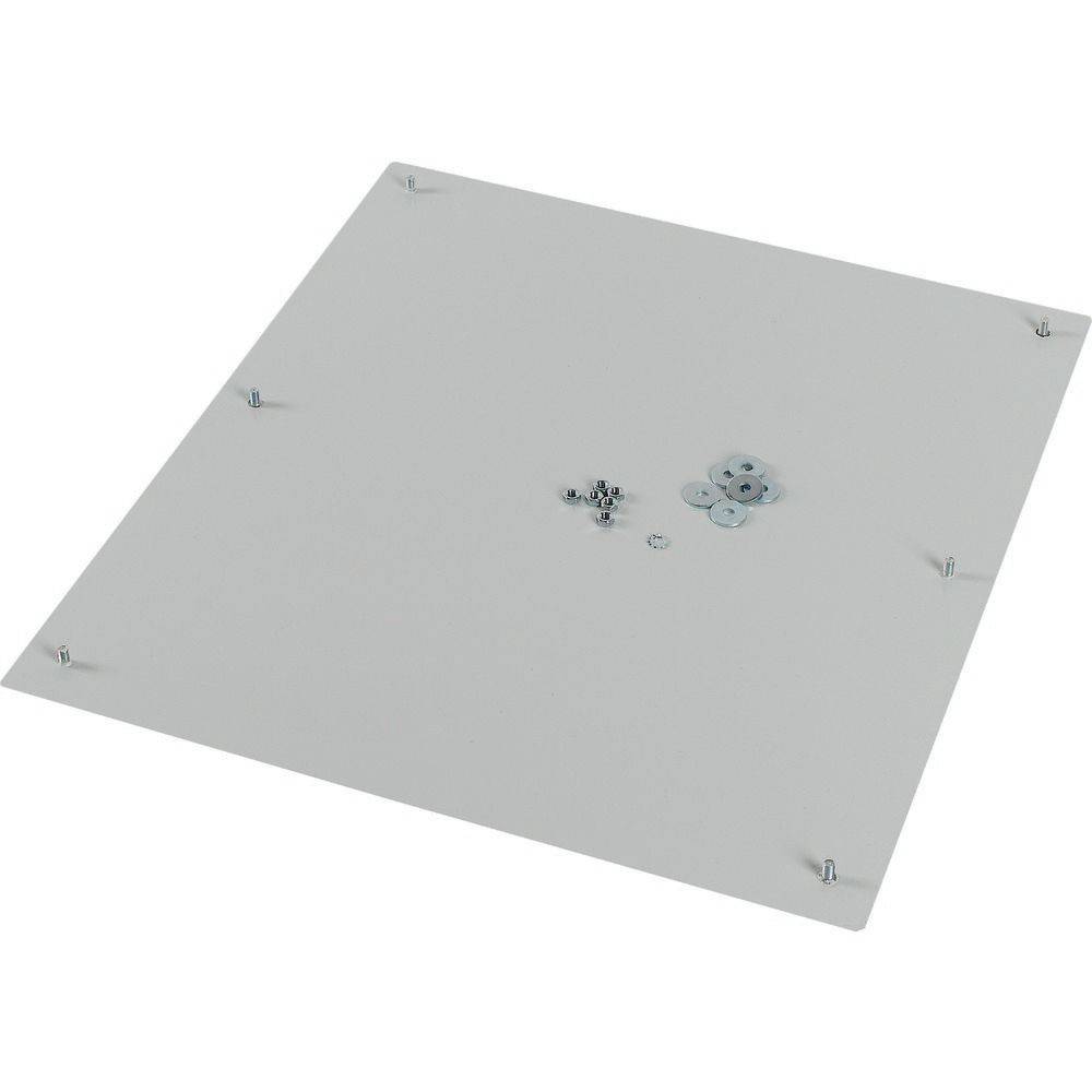 Metallisches Quadratpanel mit Schrauben und Unterlegscheiben, das von oben acht erhöhte Punkte am Rand aufweist.