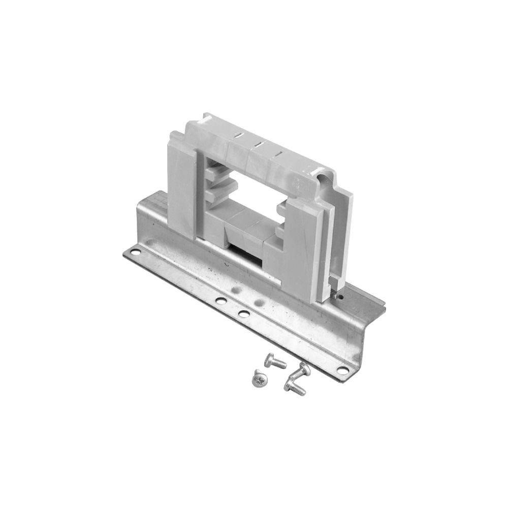 Eine weiße Kunststoff-Montageklammer mit einer Metallbasis und drei kleinen Schrauben, entwickelt zur Befestigung oder Unterstützung von elektrischen Komponenten.
