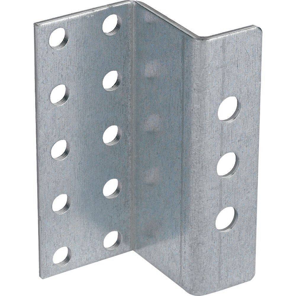 Metalleckwinkel mit mehreren Löchern für Schrauben, der in der Baubranche zum rechtwinkligen Verbinden von Bauteilen verwendet wird.