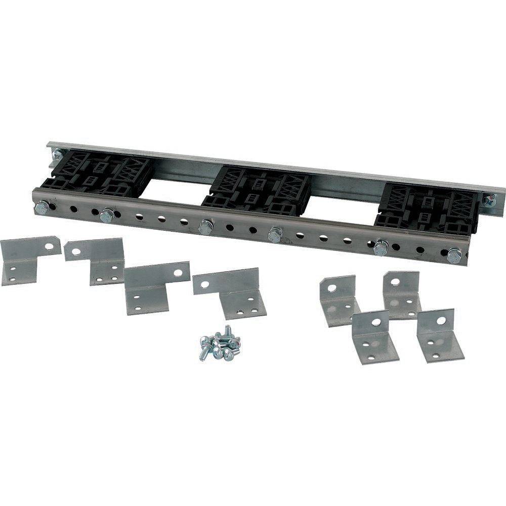 Metallisches Schiebetürsystem für Türinstallation, bestehend aus einer Schiene, mehreren Halterungen und Schrauben. Geeignet für schwerlastfähige Anwendungen.