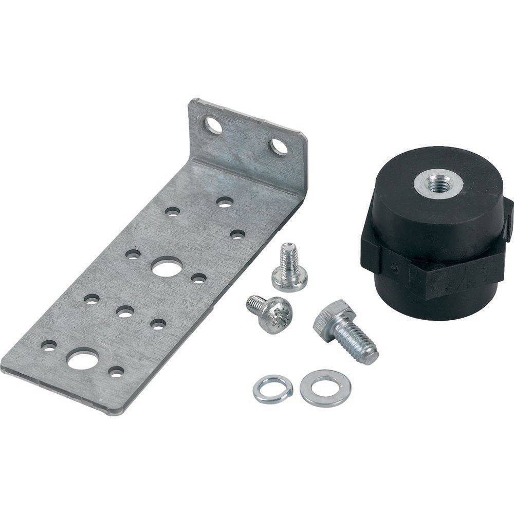 Metallbefestigungshalterung-Set mit Schrauben, Unterlegscheiben und einem schwarzen Gummi-Vibrationsdämpfer für mechanische Anwendungen.