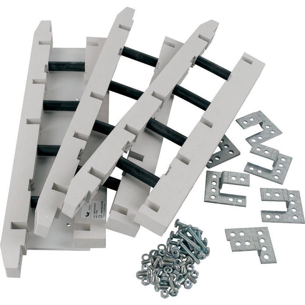 Plastikverbinder mit schwarzen Stäben, Metallhalterungen und Schrauben zur Montage, typischerweise verwendet beim Bau von Holzstrukturen oder Schränken.