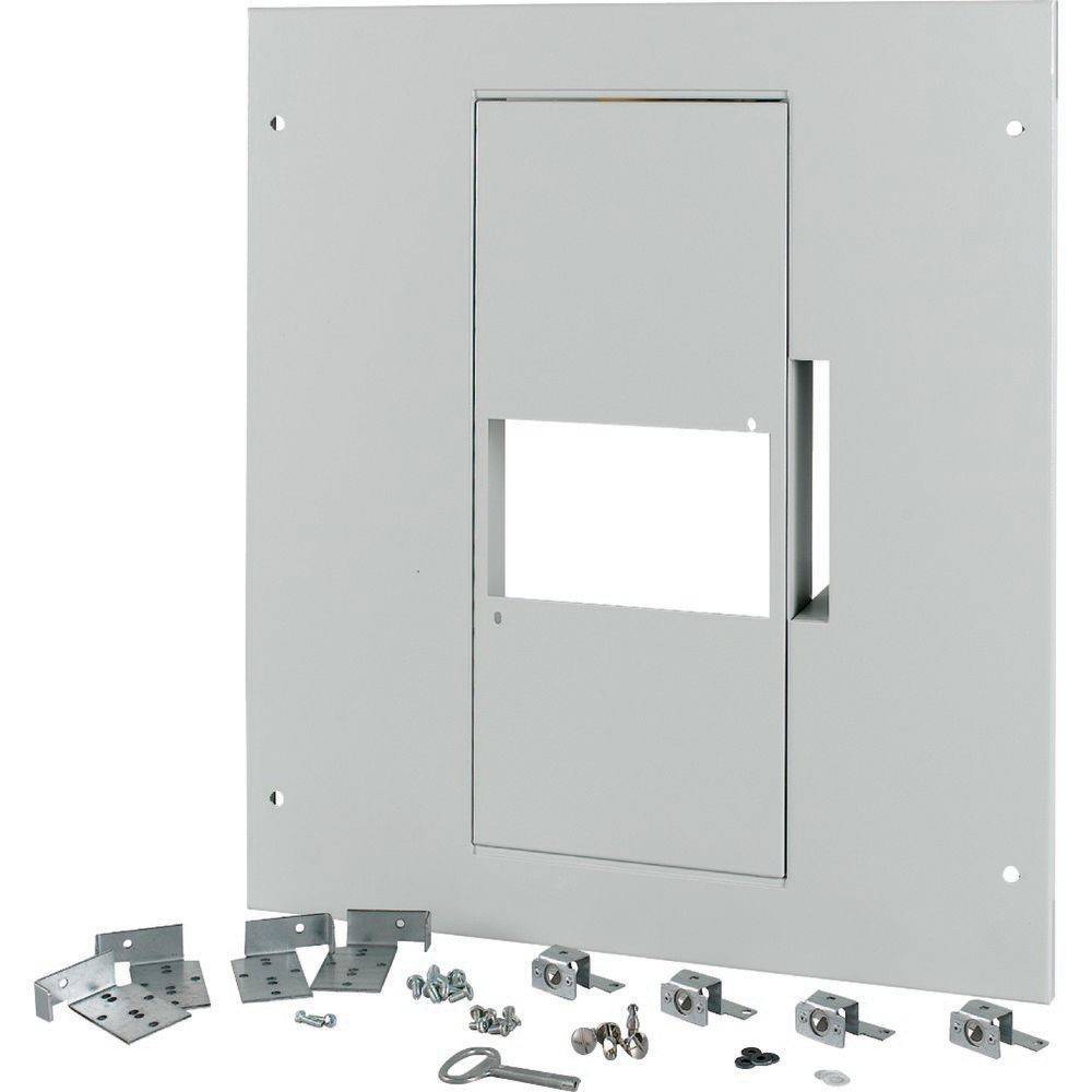 Metall-Wandmontage-Set mit einer rechteckigen zentralen Ausschnitt, verschiedenen Halterungen, Schrauben und einem Werkzeug, auf weißem Hintergrund ausgelegt.