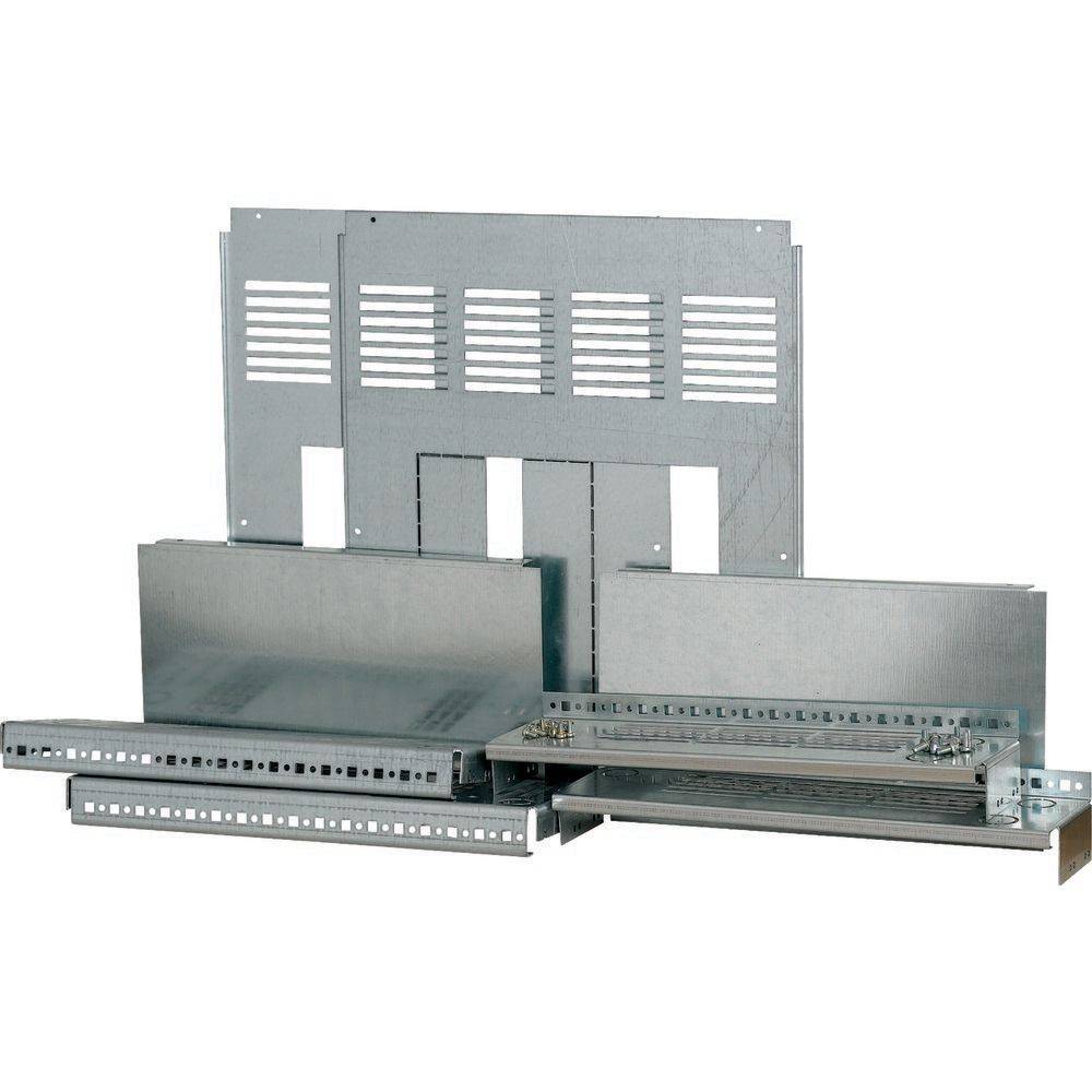 Satz aus Metallmontageplatten und Halterungen mit geschlitztem Design zur Belüftung und verschiedenen Größen für die Montage von elektronischen Geräten.