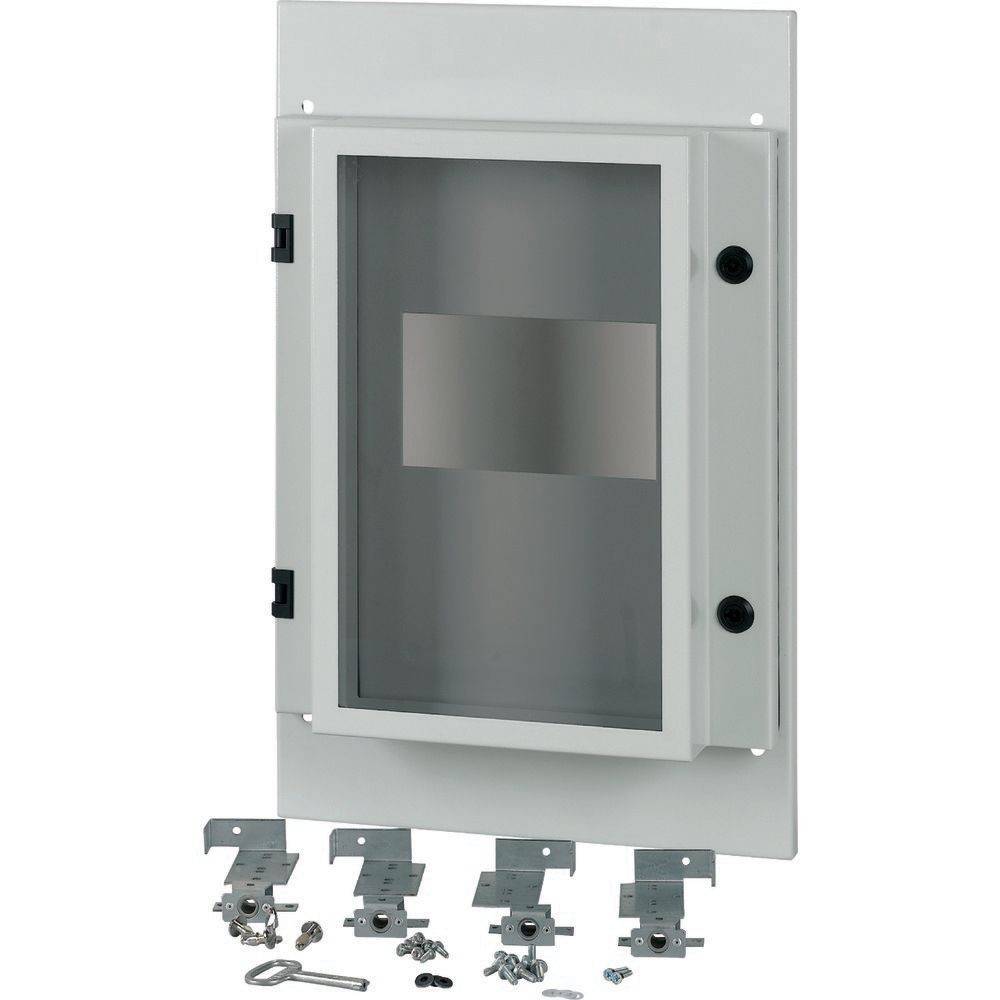 Metallgehäuse mit transparenter Frontplatte, vier Befestigungshalterungen, Schrauben und einem Schlüssel. Verwendet zum Schutz von elektrischen Komponenten.