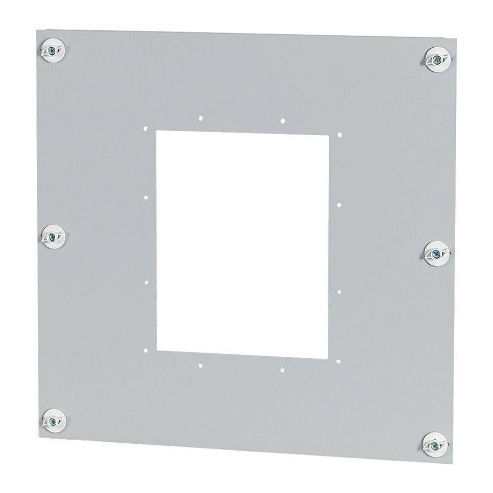 Quadratische Metallhalterung mit einem zentralen rechteckigen Ausschnitt und acht Befestigungslöchern an den Kanten, die für Montagezwecke verwendet wird.