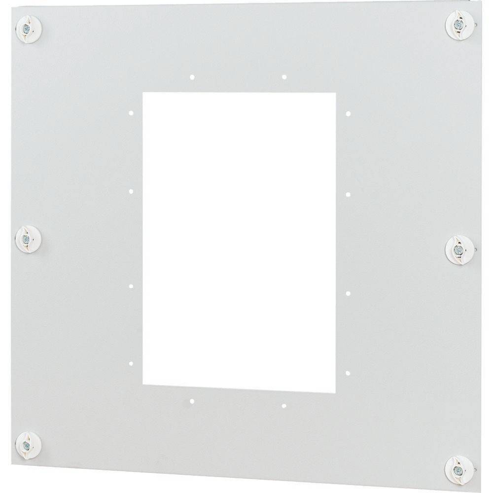 Quadratische Montagehalterung mit sichtbaren Schraubenlöchern und Befestigungspunkten um eine zentrale rechteckige Öffnung herum.