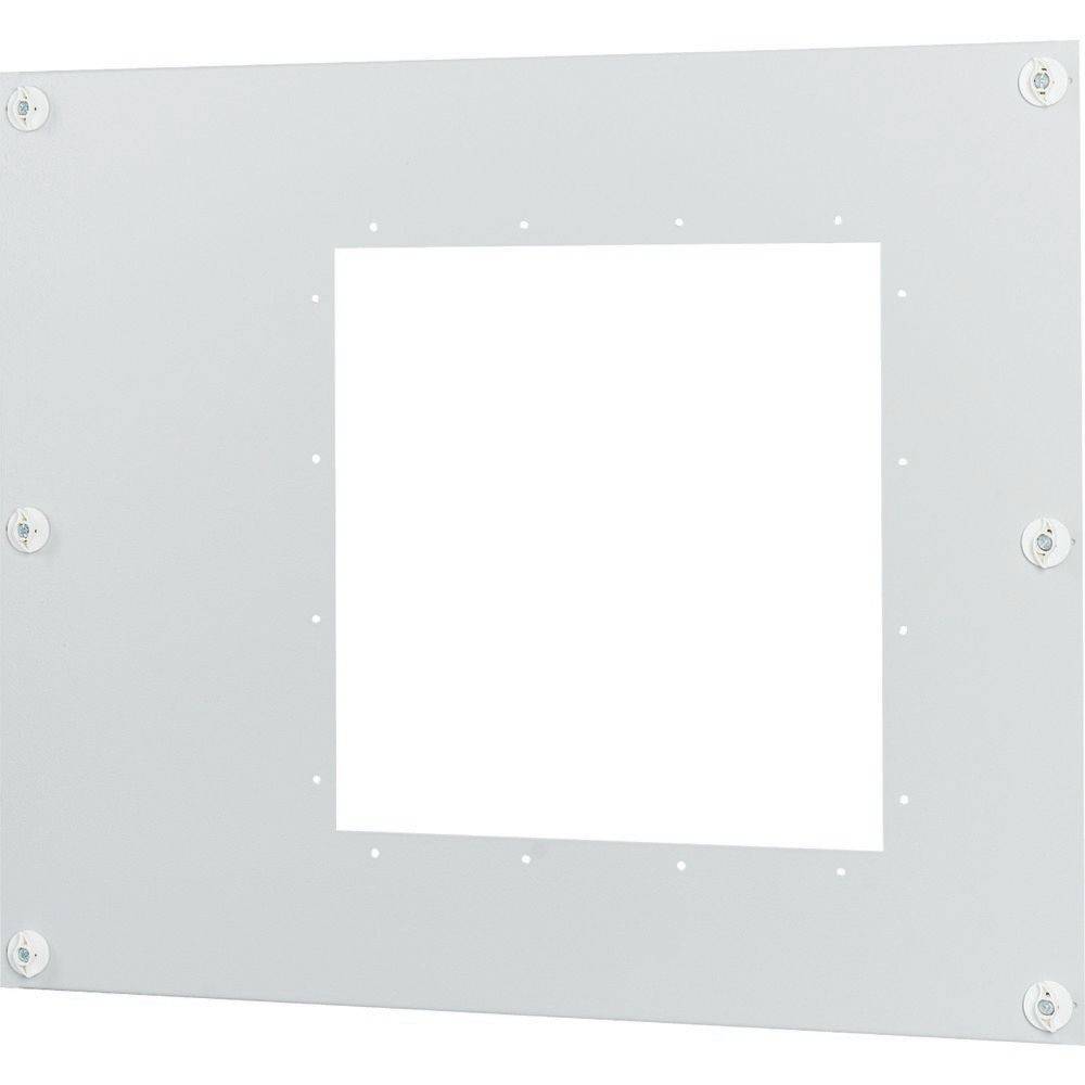 Eine rechteckige Metallmontageplatine mit einem zentralen quadratischen Ausschnitt und mehreren Schraublöchern um den Rand herum, die zur Befestigung von Ausrüstung verwendet wird.