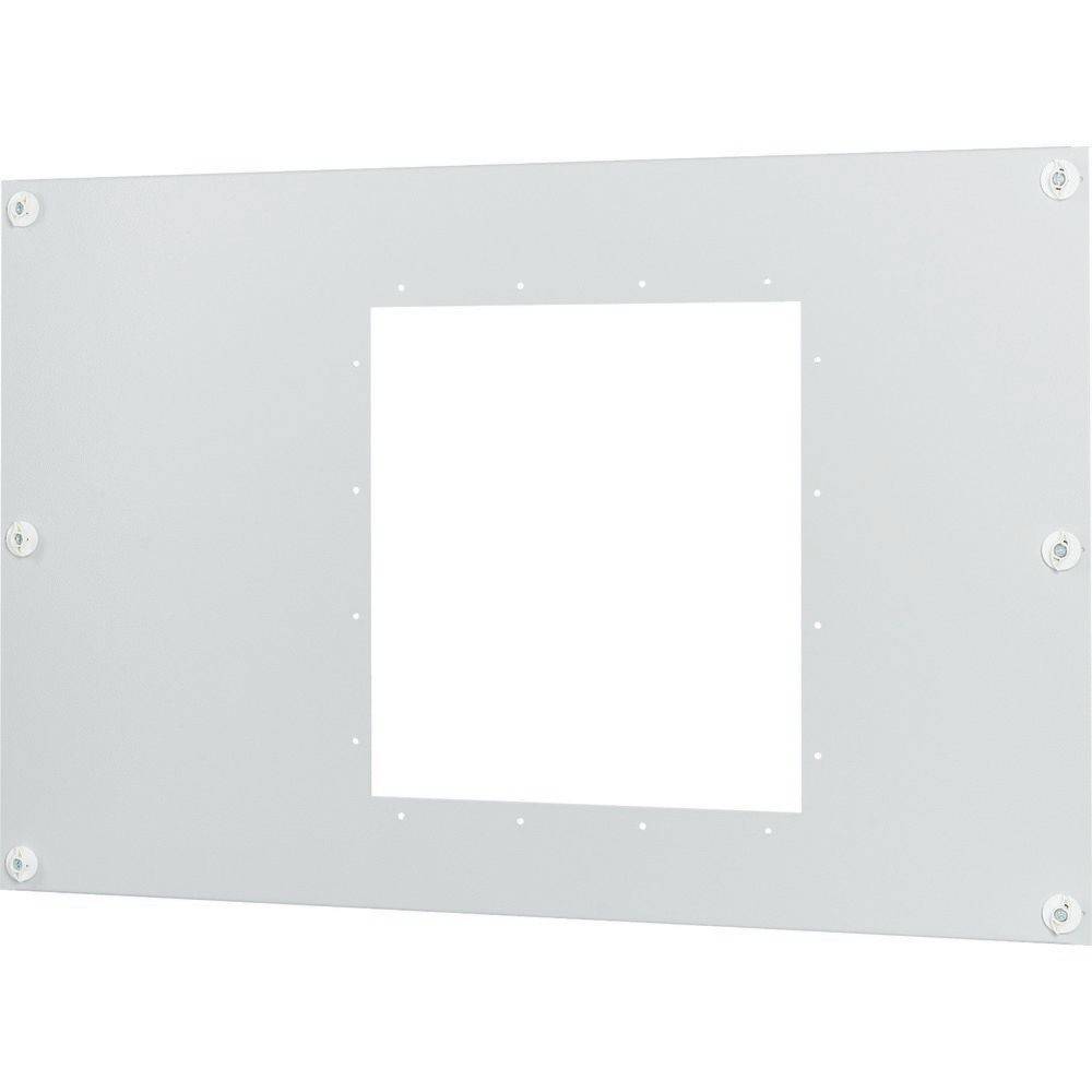 Eine weiße Wandmontagehalterung mit vorgebohrten Löchern und einem zentralen quadratischen Ausschnitt für Installationszwecke.