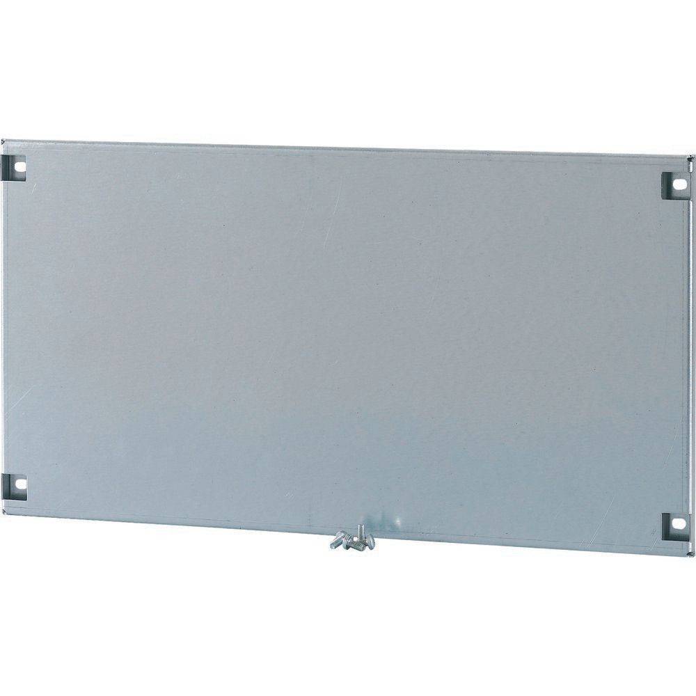 Ein schlichtes rechteckiges Metallpanel mit abgerundeten Ecken und Befestigungslöchern an jeder Ecke. Ein kleiner Verschluss befindet sich mittig am unteren Rand.