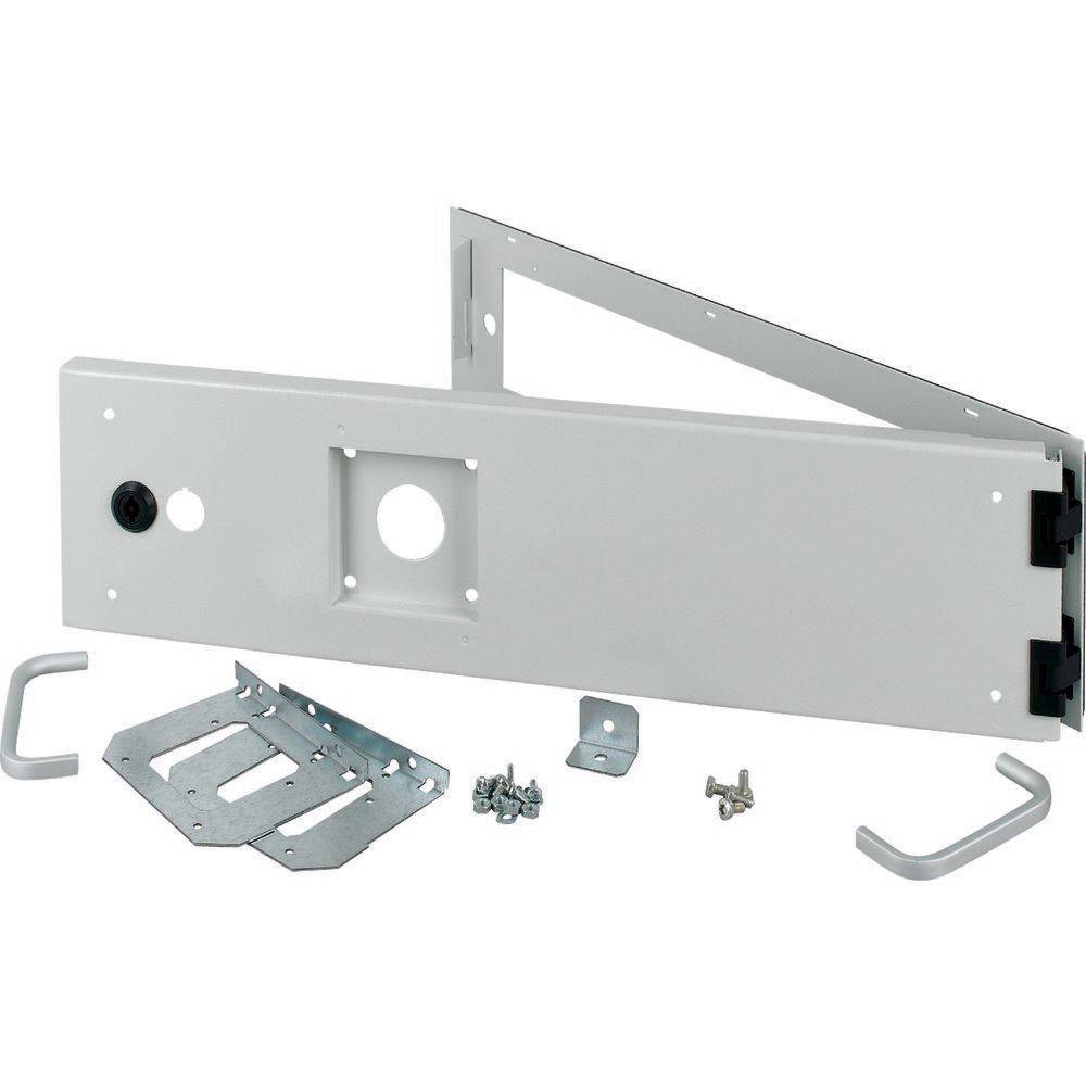 Ein Metalllagerungsset mit Halterungen, Platten, Schrauben und Bolzen zur Hardware-Installation, vor einem weißen Hintergrund gezeigt.