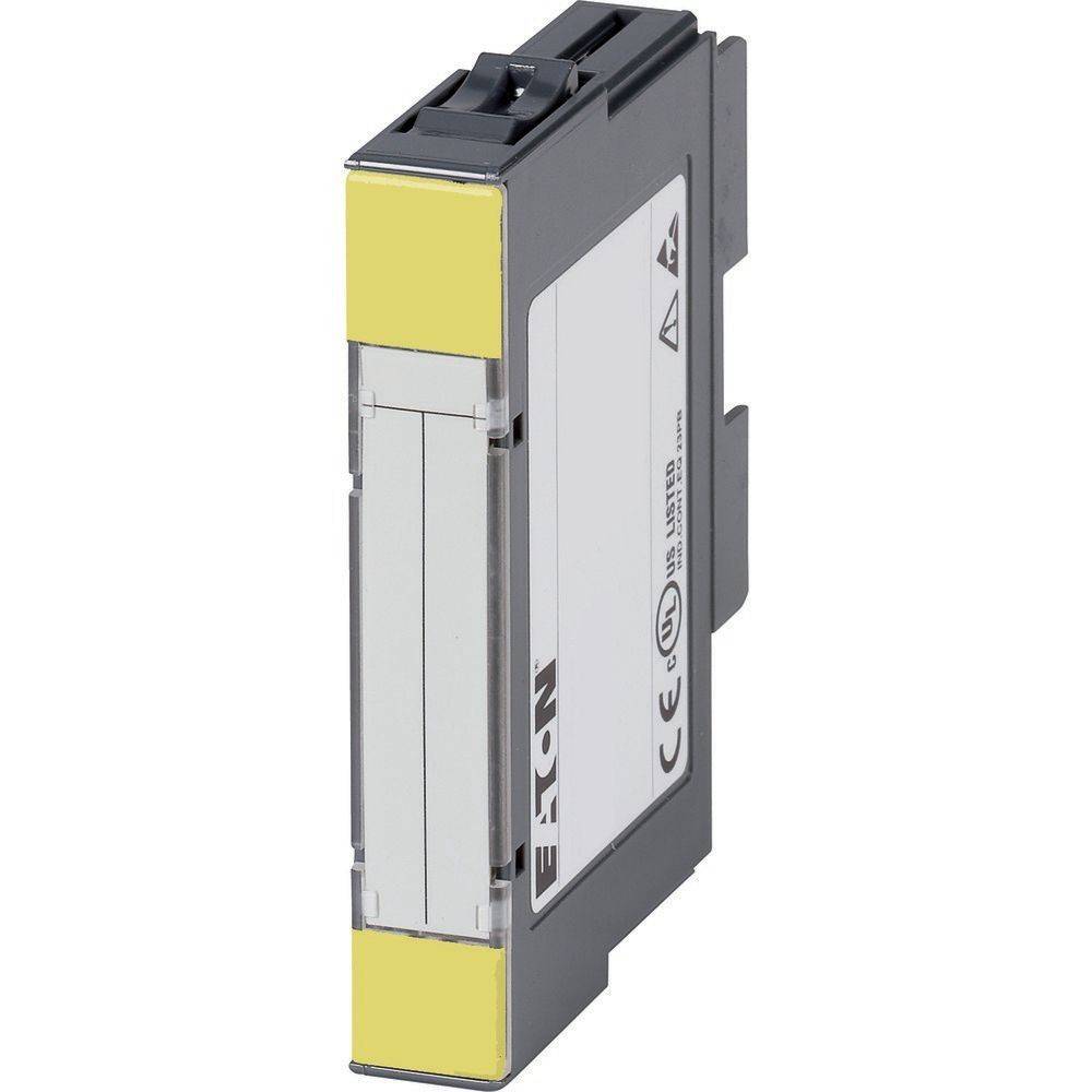 Ein graues Eaton-Elektronikgerät mit gelben Akzenten, versehen mit Etiketten und Symbolen, die Konformität und Spezifikationen anzeigen.
