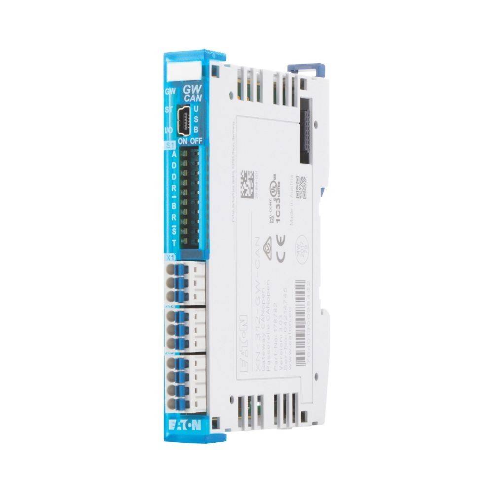 Industrielles Steuermodul mit blau-weißem Gehäuse, mit mehreren Anschlüssen und seitlich beschriftet mit 'Eaton'.