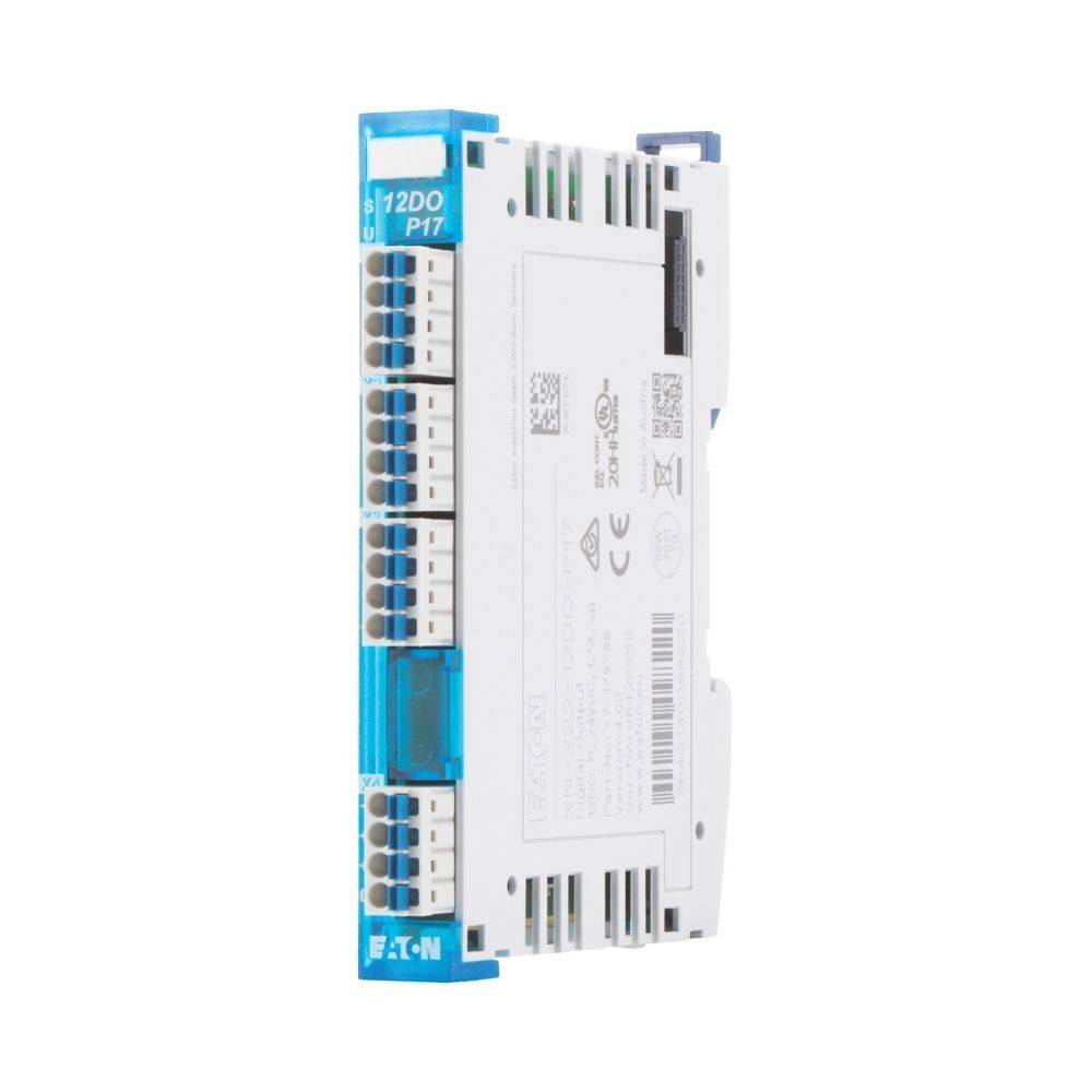 Eine weiße und blaue elektronische Modul mit Anschlussports, beschriftet mit '1 2DO P-17', das verschiedene technische Details an seiner Seite aufweist.