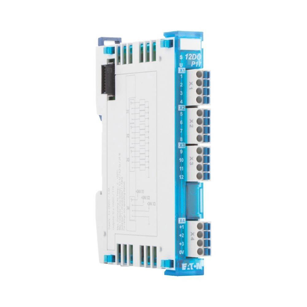 Ein blaues und weißes elektrisches Modul mit beschrifteten Anschlüssen, gekennzeichnet mit '12DIO' und 'Eaton', das zur Verbindung mehrerer elektronischer Komponenten verwendet wird.