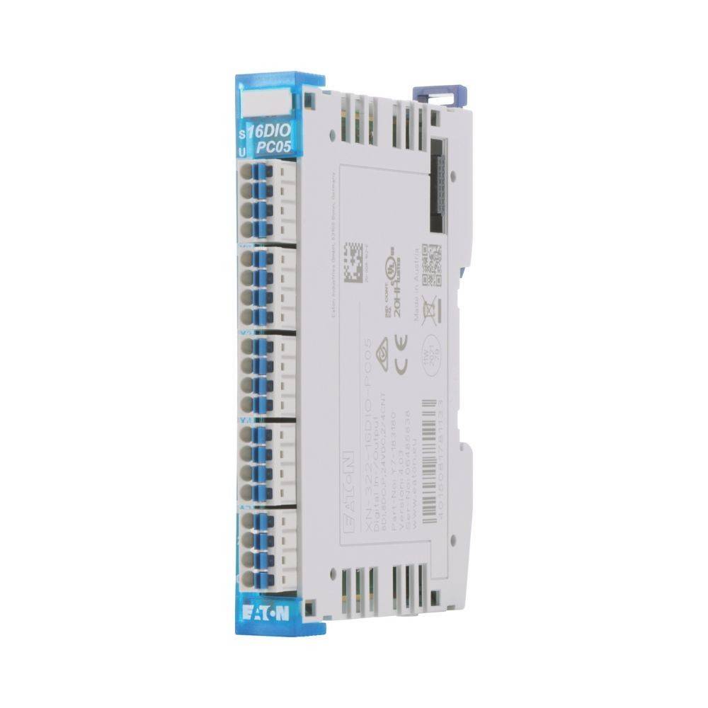 Ein graues Eaton-Elektronikmodul mit einem blauen Etikett an der Seite, das mehrere horizontale weiße und blaue Anschlüsse aufweist.