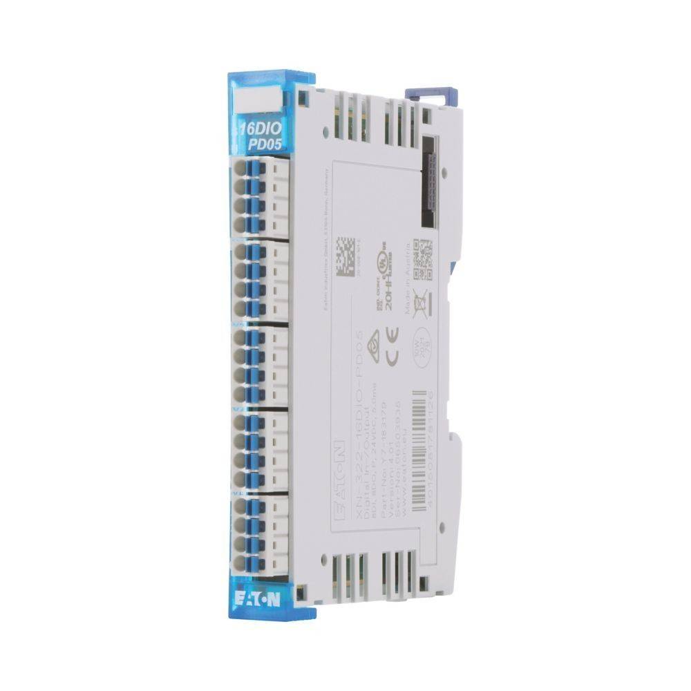 Ein kompaktes Eaton 16DIO-Modul mit mehreren Anschlüssen und Anzeigen, das für die Verbindung und Steuerung elektronischer Schaltkreise in industriellen Umgebungen verwendet wird.