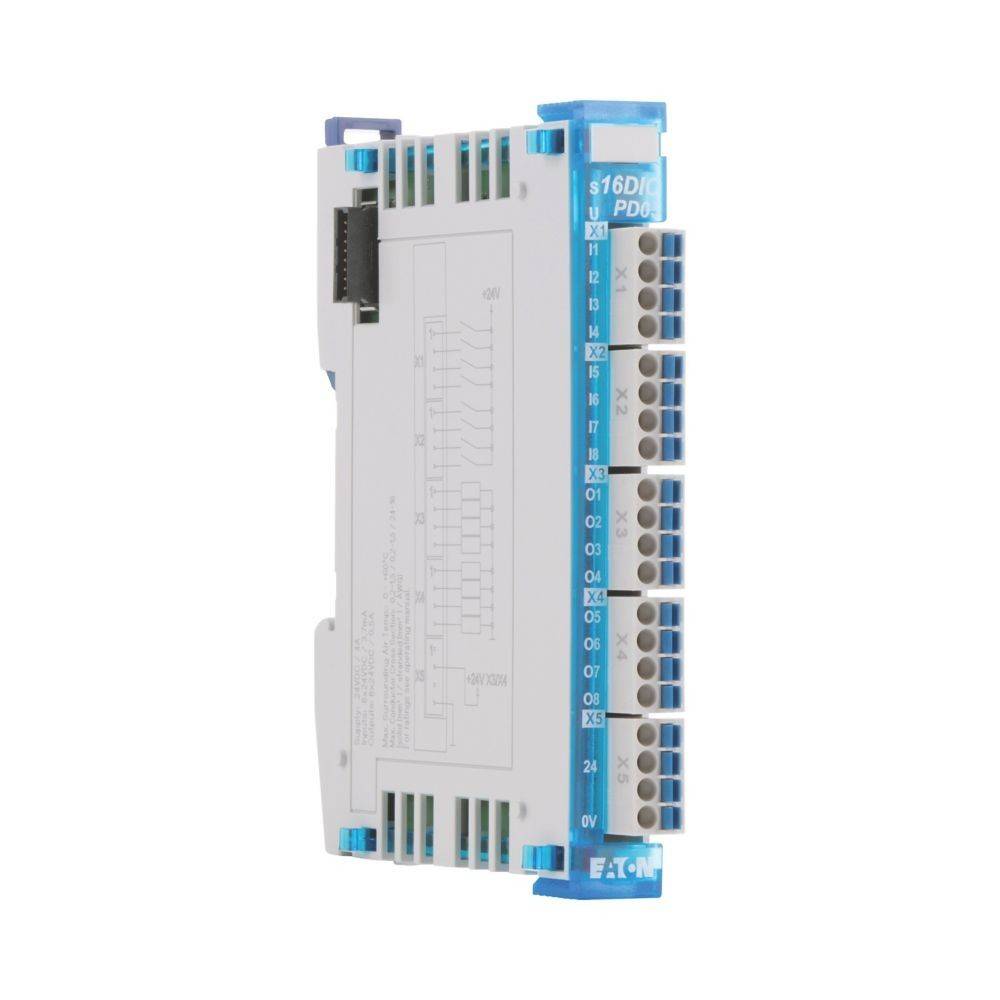 Ein weiß-blaues elektronisches Modul mit mehreren Anschlusspunkten an der rechten Seite, beschriftet mit Zahlen und Buchstaben entlang jeder Seite.