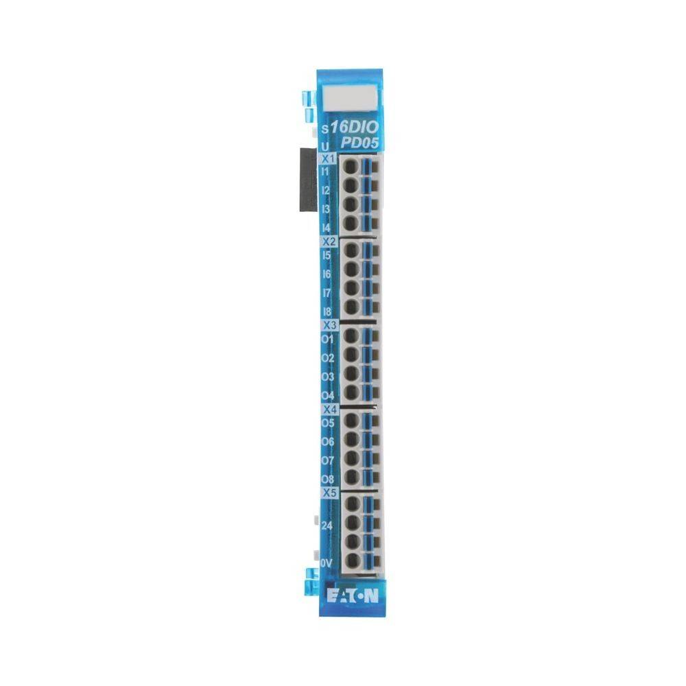Input-Output-Modul, gekennzeichnet als s16DIO PDO5, mit mehreren Anschlussklemmen, blauer Farbgebung, für industrielle Automatisierungssysteme.