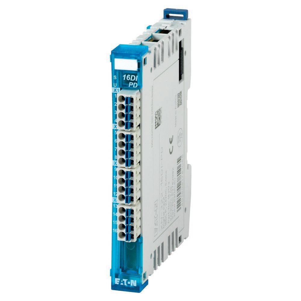 EATON 16DI PD-Modul mit mehreren Anschlüssen, sichtbarer Produktkennzeichnung und kompaktem, rechteckigem Design.