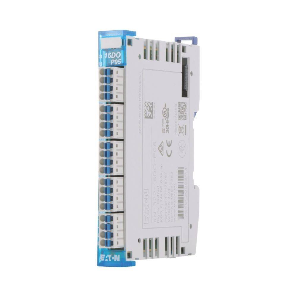 Ein weißes und blaues elektronisches Modul mit mehreren Anschlüssen, das mit '16DO P05' beschriftet ist und für industrielle Automatisierung oder Steuerungssysteme verwendet wird.
