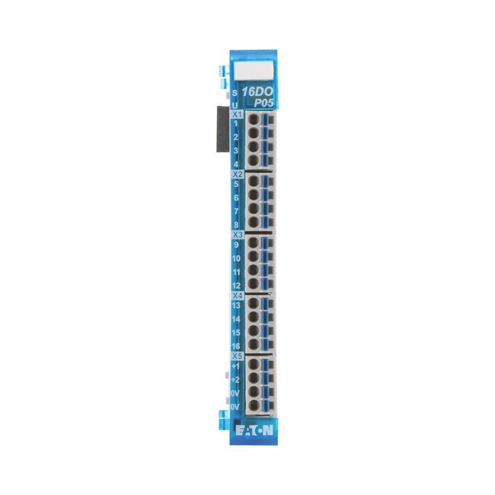 Ein blauer 16-Kanal-Digitalausgangsmodul mit der Bezeichnung '16DO P05' von Eaton, das 16 Anschlusspunkte zeigt, die von X1 bis X16 beschriftet sind.