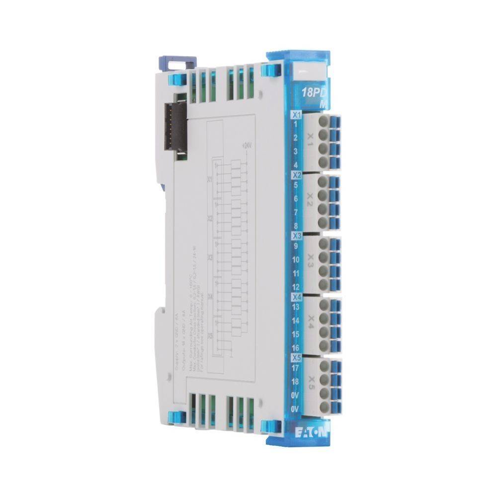 Ein weißes und blaues elektronisches Modul mit beschrifteten Anschlüssen an der Seite, verwendet für Steuerungssysteme oder Automatisierungsanwendungen.